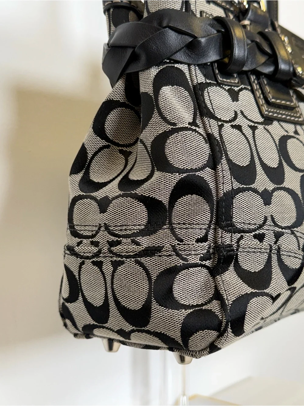 COACH | Vintage ‘Hampton’ Signature Monogram Black & Gray Bag Leather Trim - Picture 7 of 15